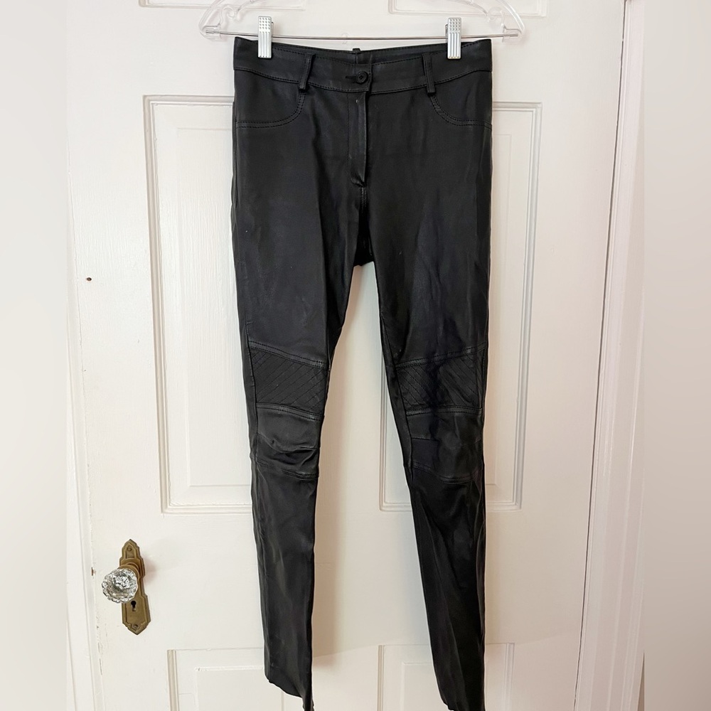 Les Tanneurs Black Leather Pants EU Size 36 Skinny Pants with Moto Style Knees